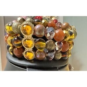 Vintage‎ Stretch Bracelet Amber Glass Beads Gold Tone Boho Statement Chunky
